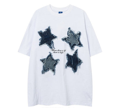 Five-pointed star patch embroidered short-sleeved T-shirt