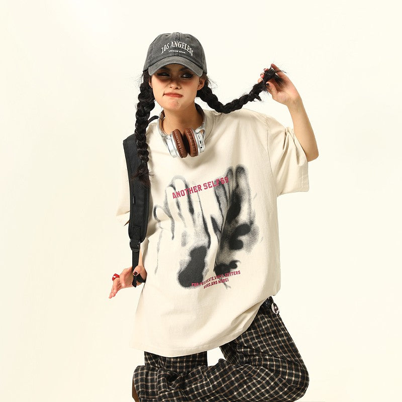 Washed printed short-sleeved T-shirt men and women loose oversize tops