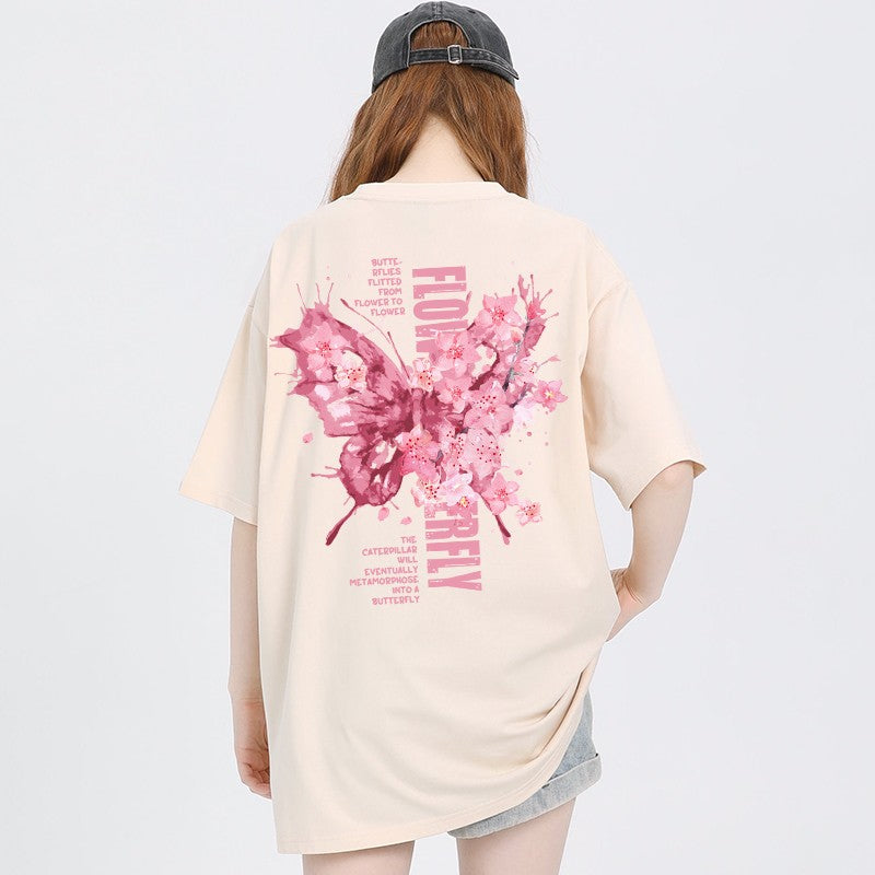 Butterfly print T-shirt women slim top pink