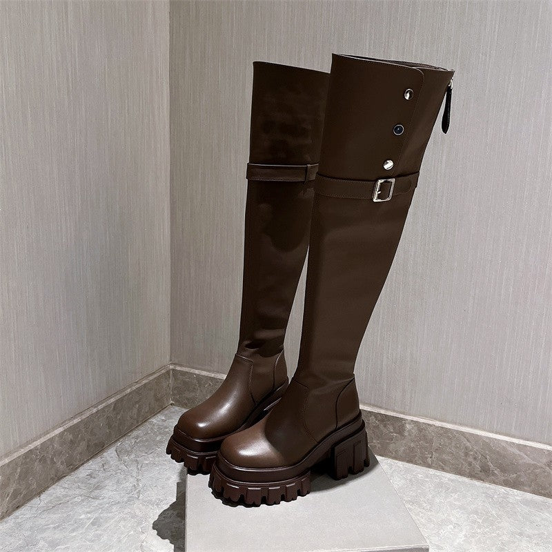 Leather shoe skinny boots, thick heels cotton boots