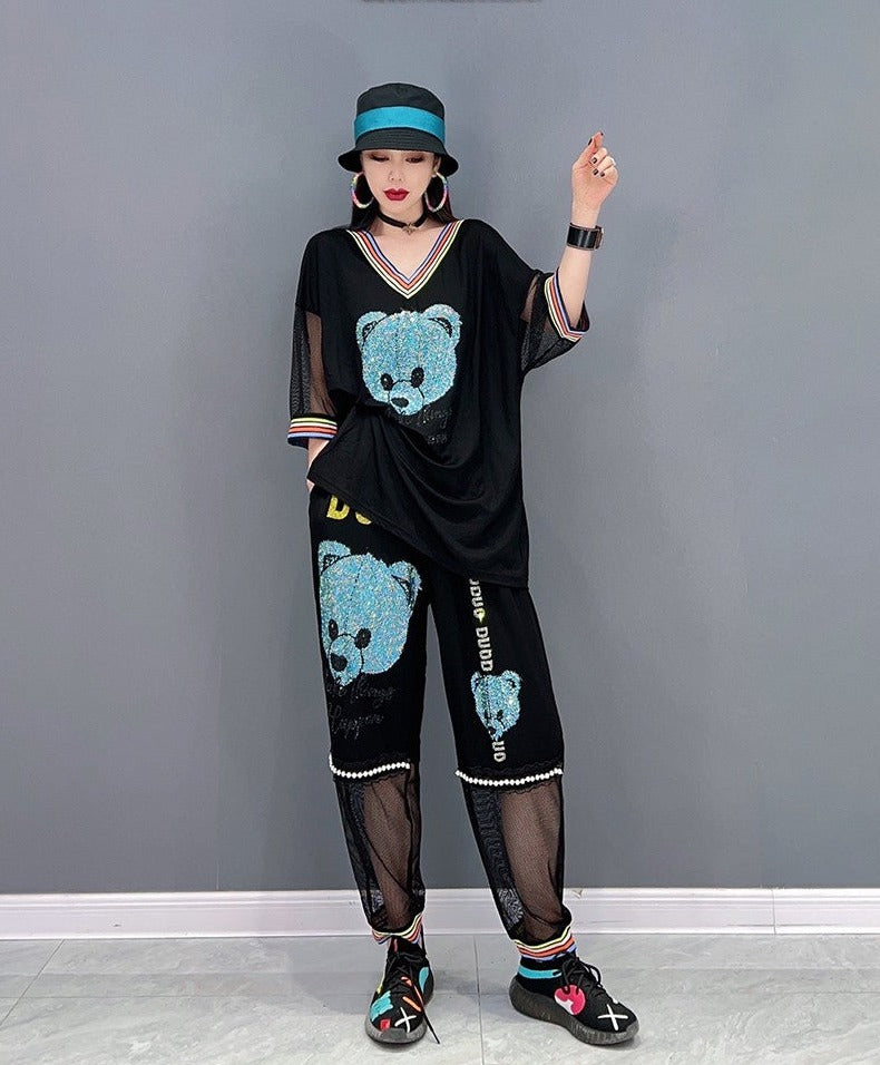 Panda graphics Fashion Set V-neck Top