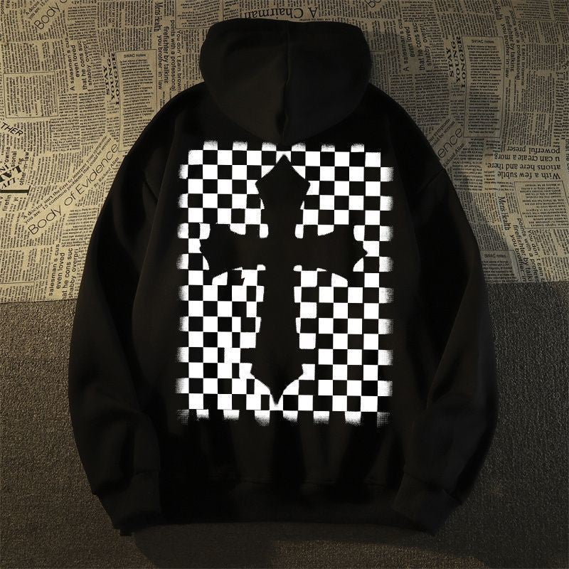 100% cotton unisex checkerboard cross hoodies felpa croce scacchiera