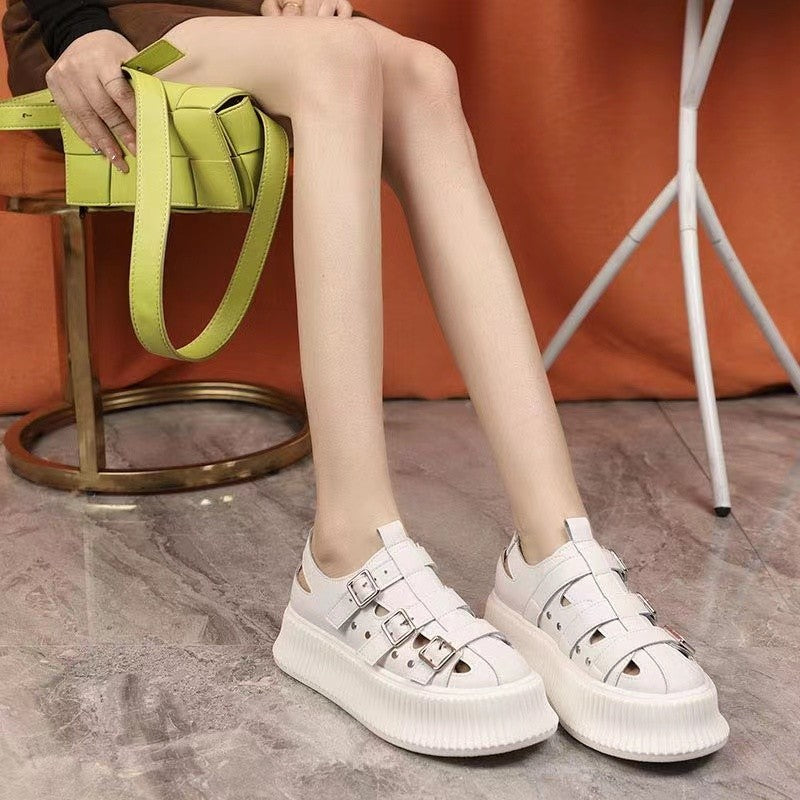 Women sandals summer leather platform thick bottom hollow shoes