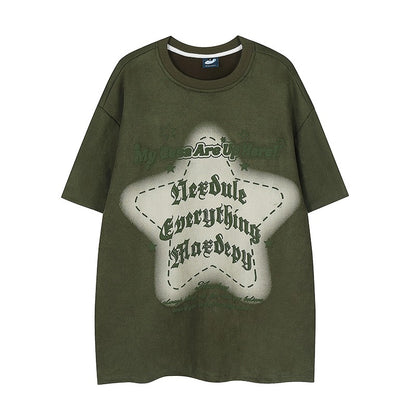 Letter printed star T-shirt casual versatile suede unisex top