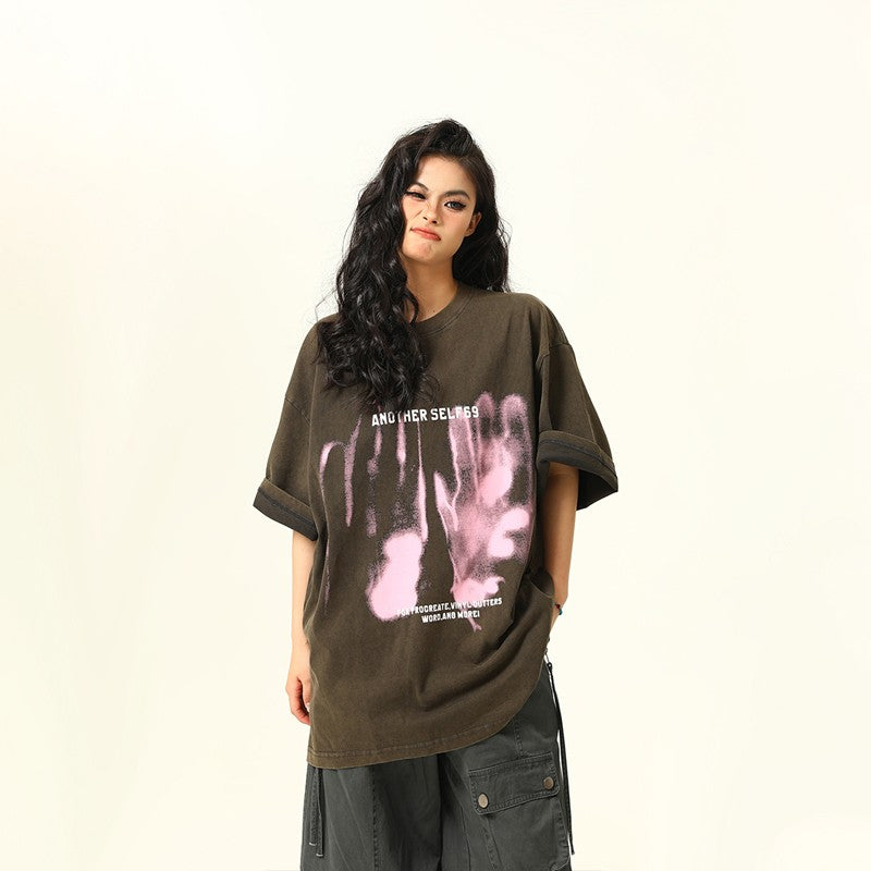 Washed printed short-sleeved T-shirt men and women loose oversize tops