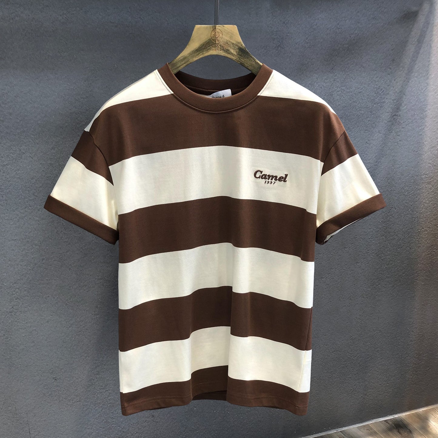 T-shirt black apricot wide grid thick stripe men's clothing