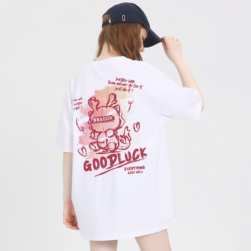 Pink T-shirt dragon pattern women loose