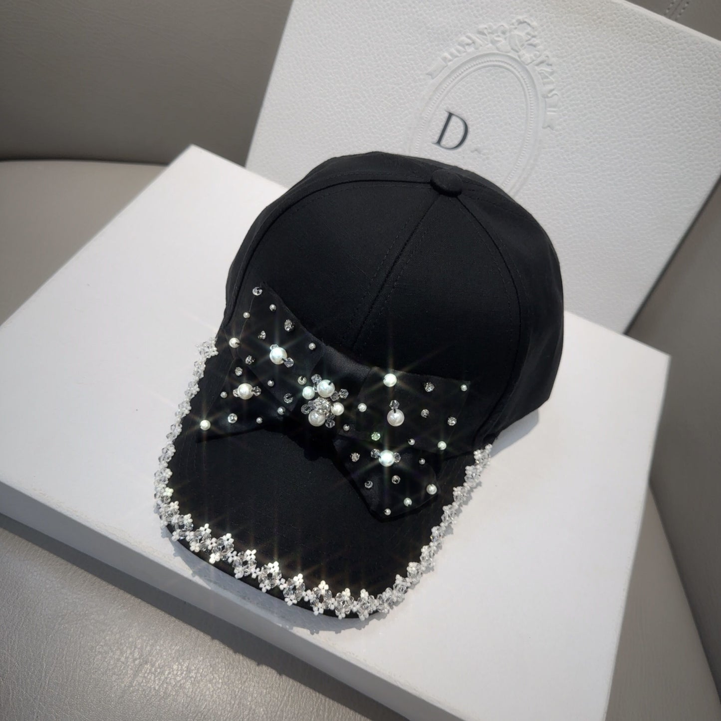 Pearl Bowknot Duckbill Summer Black Trendy Rhinestone Baseball Cap