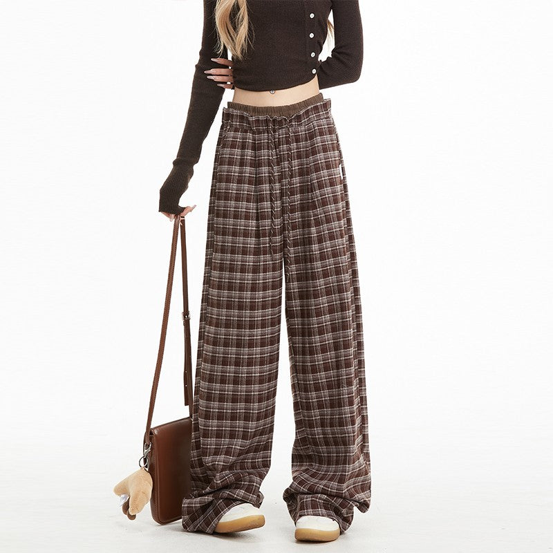 Checkered pants women's winter drape sports casual straight pants