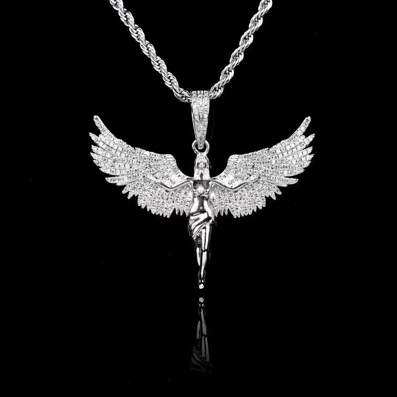 sterling silver diamond fallen angel pendant men's necklace