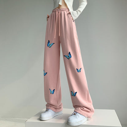 Black butterfly wide-leg pants for women high-waisted trendy sweatpants