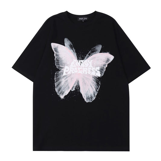Street unisex couple over t-shirt butterfly print 240g pure cotton