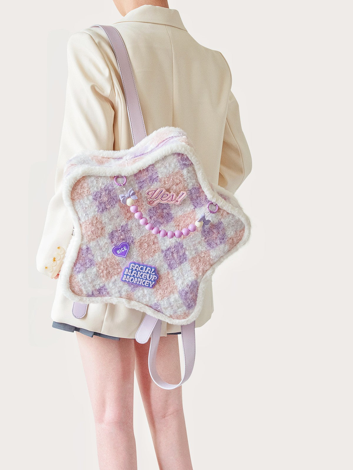 Pink purple plaid star backpack cream cute shoulder bag