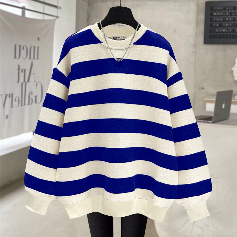 Black and white striped sweatshirt women mid-length top