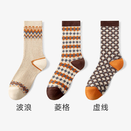 Catman socks women's mid-tube cotton socks autumn and winter ethnic style double needle long socks