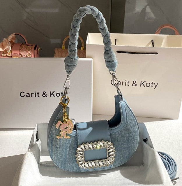 Denim rhinestone armpit hand bag for women baguette bag