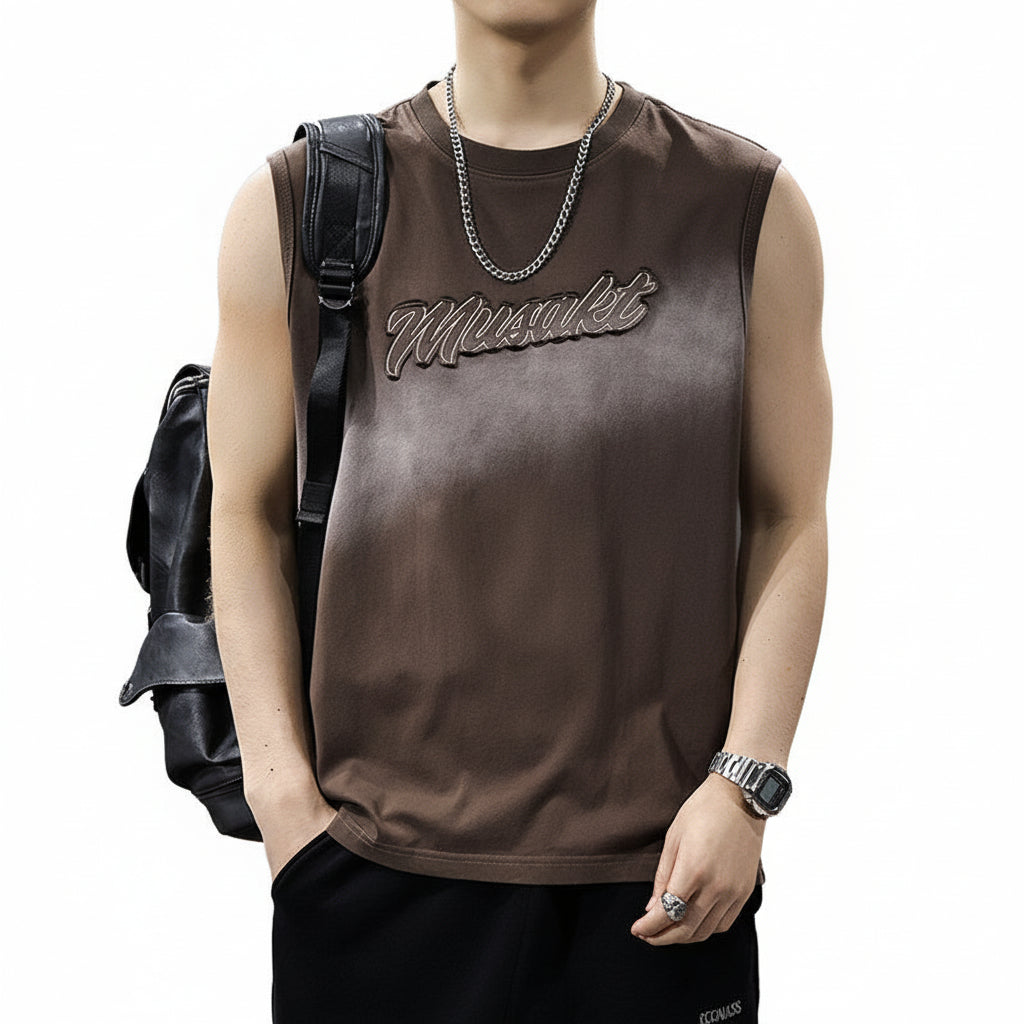 American trend retro men's shoulder print vest 2026 summer new cotton sports sleeveless T-shirt top