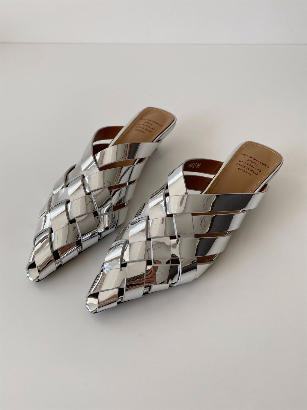 Soft silver gold pointed toe leather woven wedge slippers