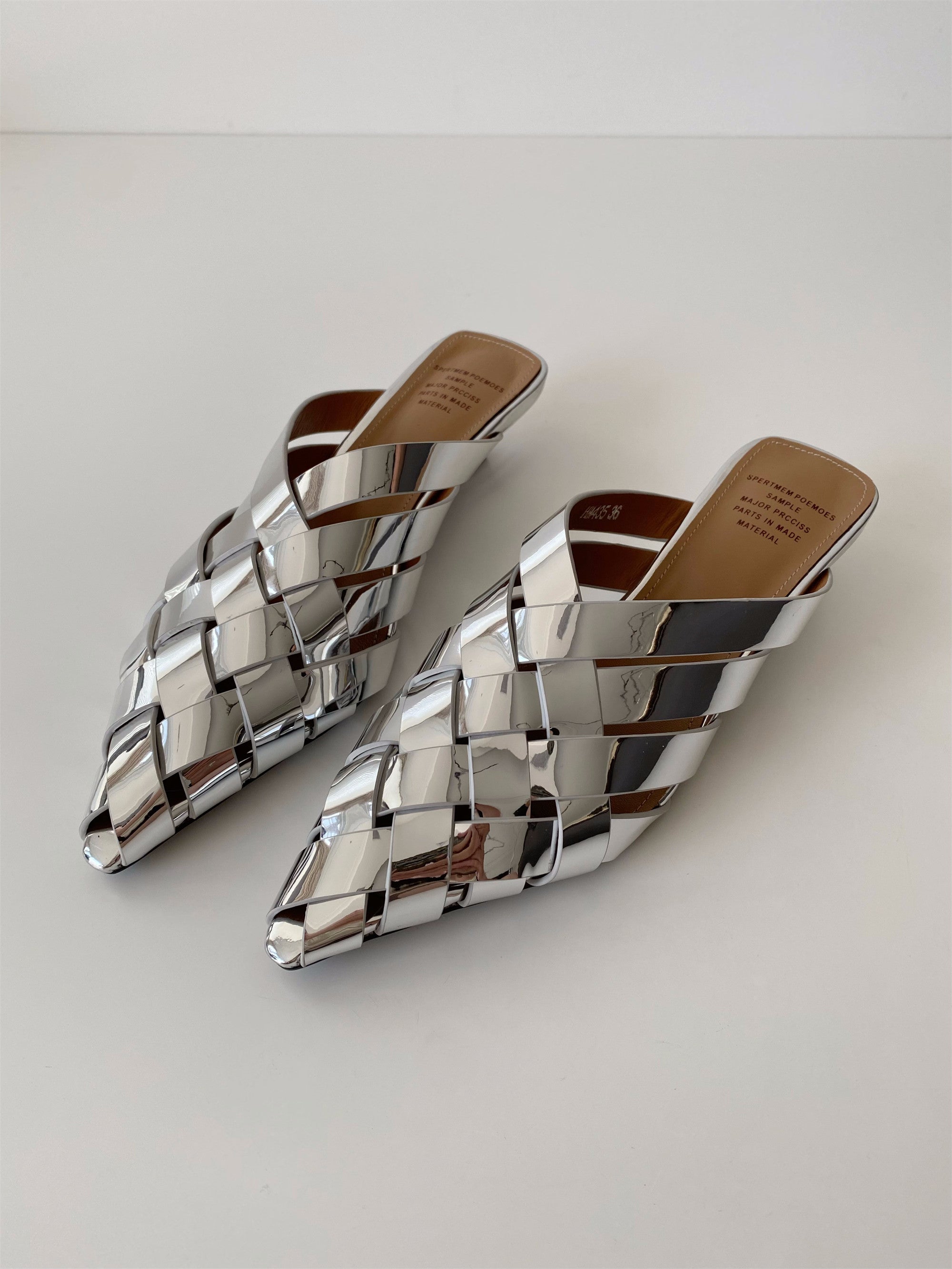 Soft silver gold pointed toe leather woven wedge slippers