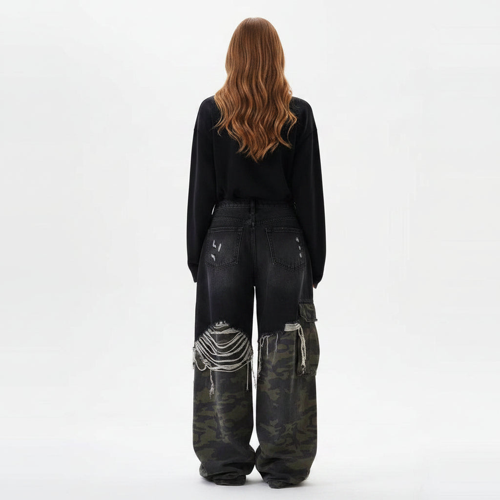 Jeans unisex loose camouflage stitching pants trousers