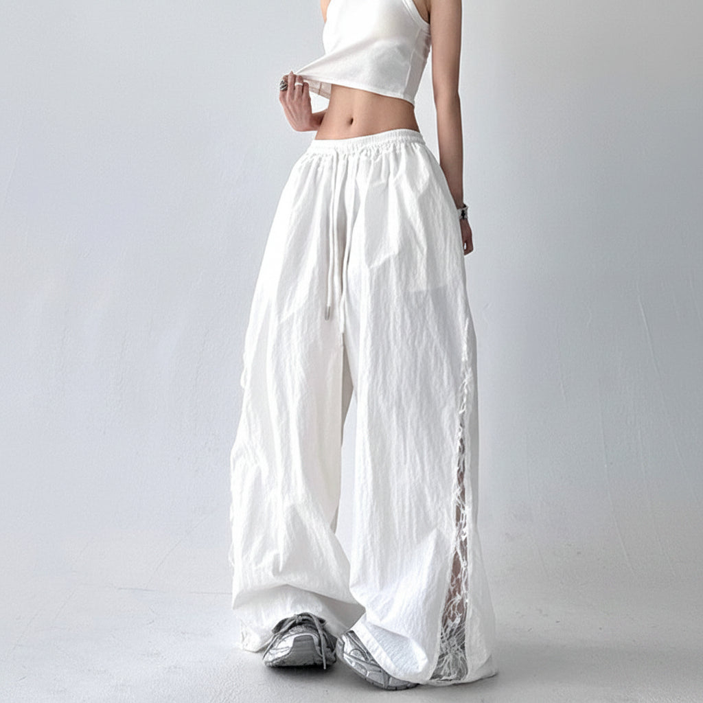 Side lace wide-leg pants women's high-waisted loose fit