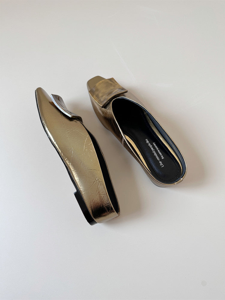 Silver square leather wedge heel half-slip sandals