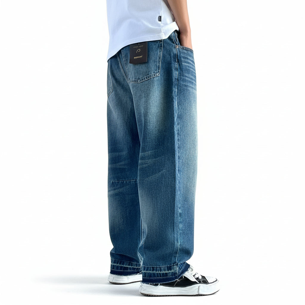 Vintage washed jeans whiskers loose denim