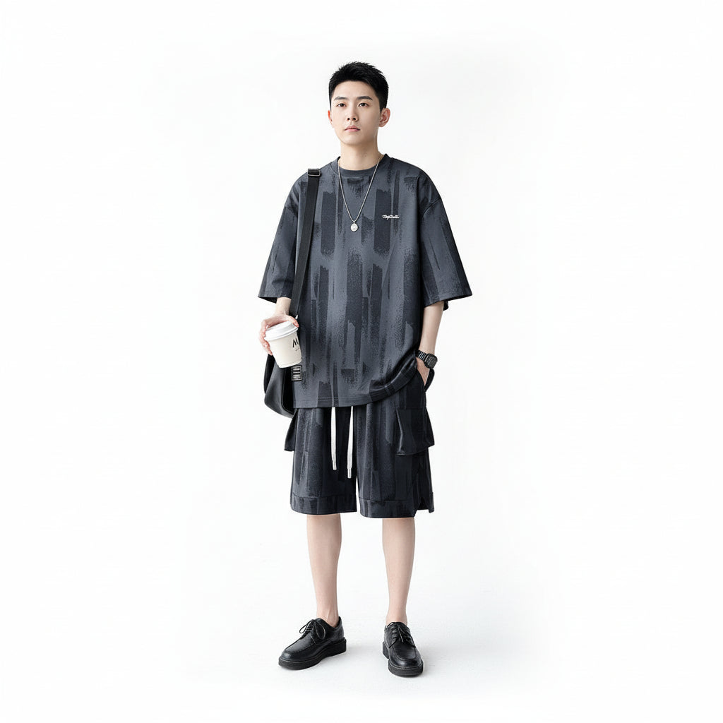 Black T-shirt shorts fat loose plus size