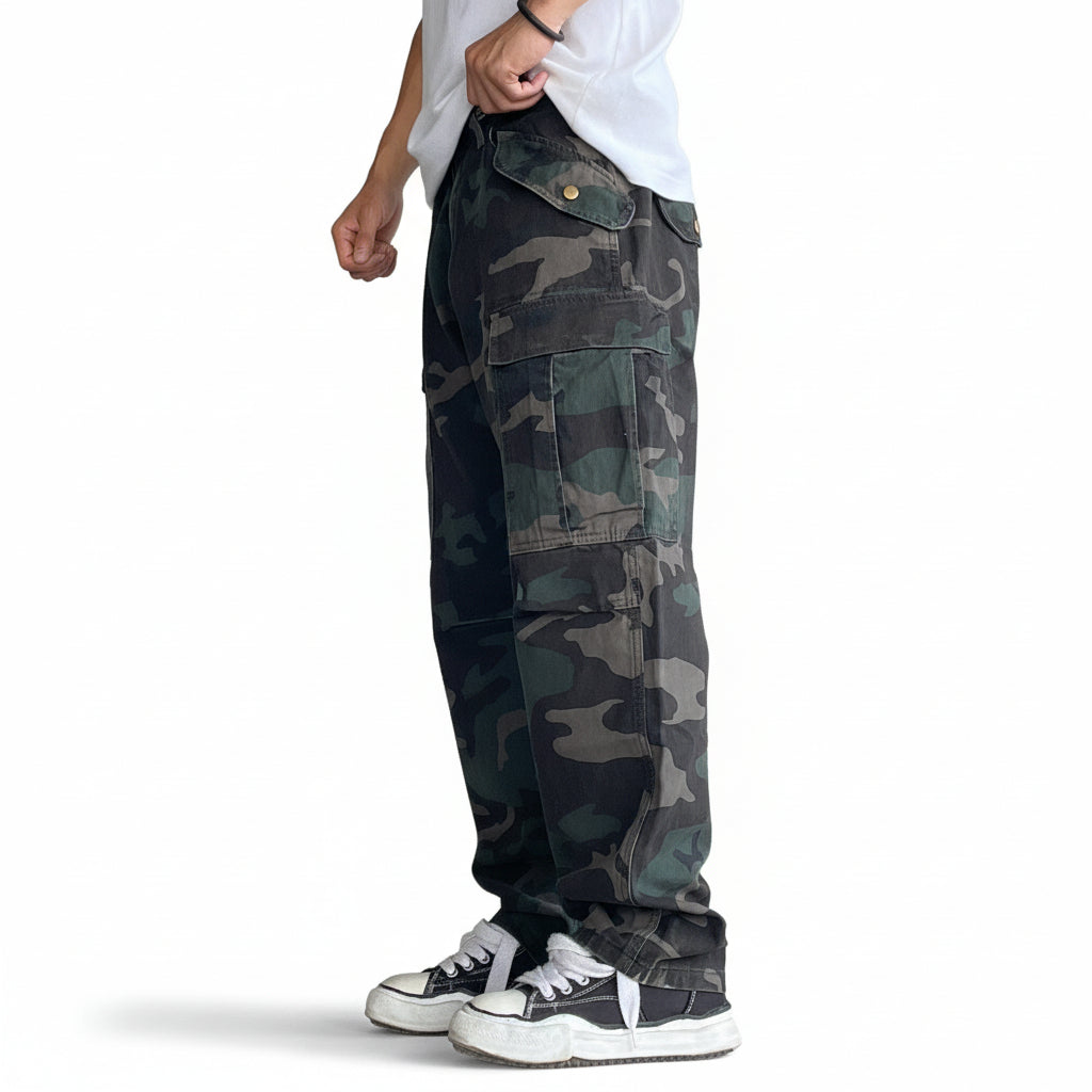 Wash loose micro-tapered camouflage cargo men pant