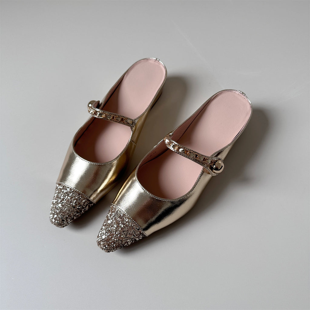 Gold sequin leather mid-heel wedge half-slipped sandals