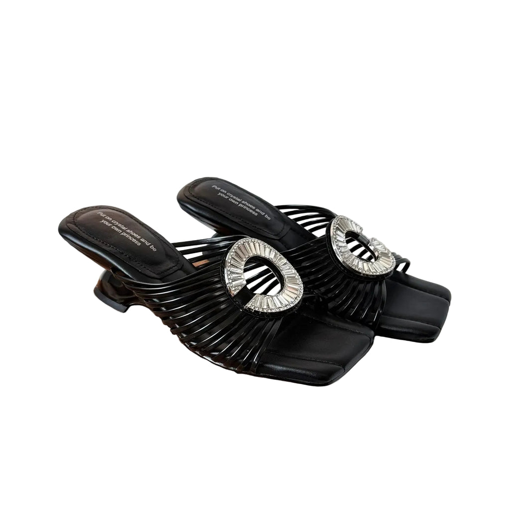 Luxury woven open-toe slipper lady's round buckle sandals heels