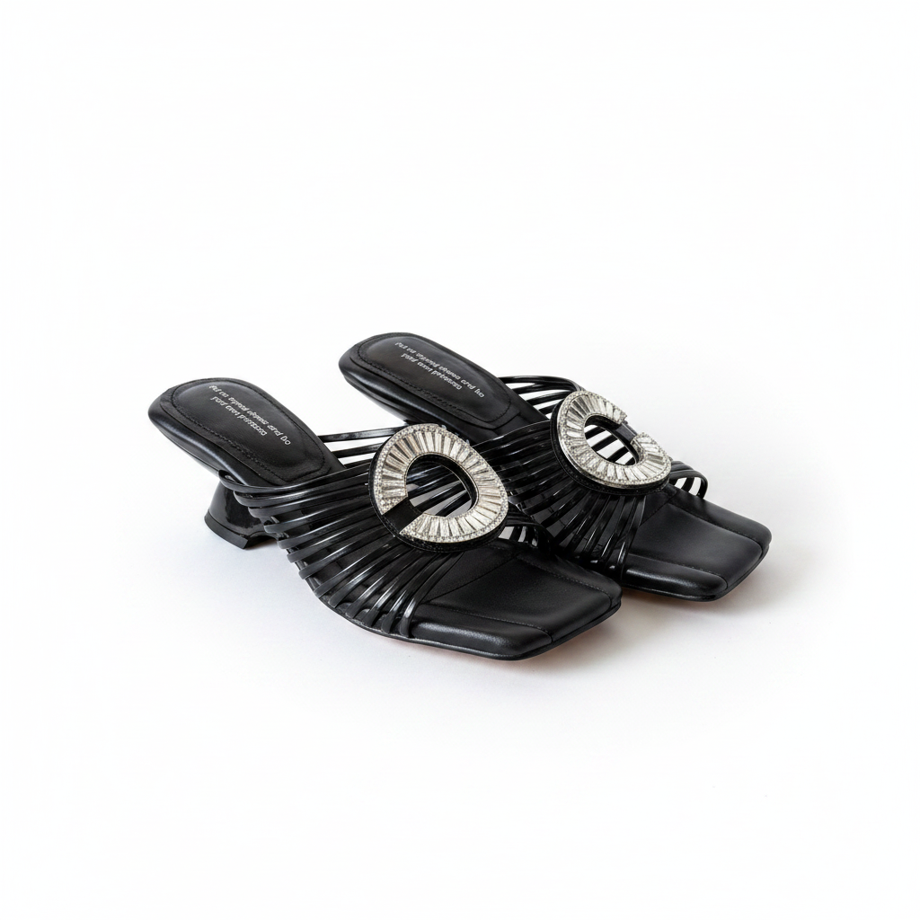 Luxury woven open-toe slipper lady's round buckle sandals heels