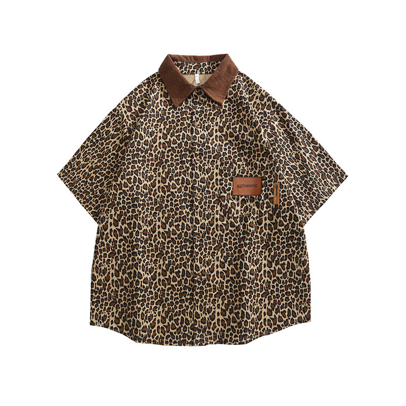 Corduroy Collar Leopard Print men Shirt Short Sleeve