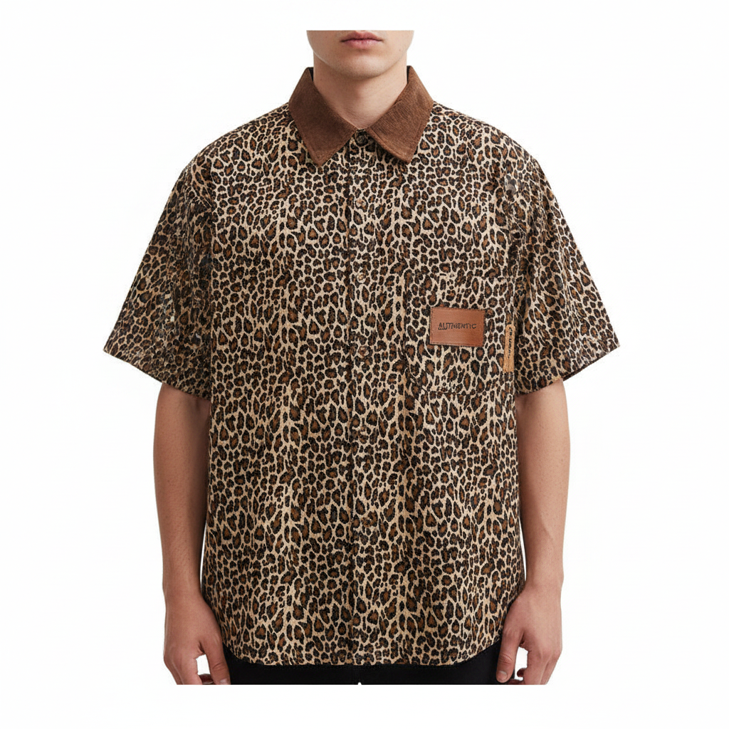 Corduroy Collar Leopard Print men Shirt Short Sleeve