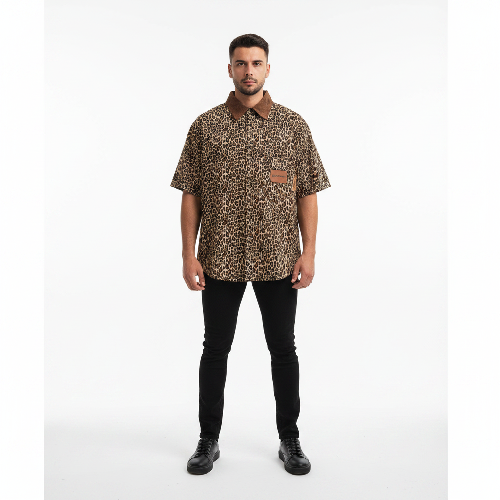 Corduroy Collar Leopard Print men Shirt Short Sleeve
