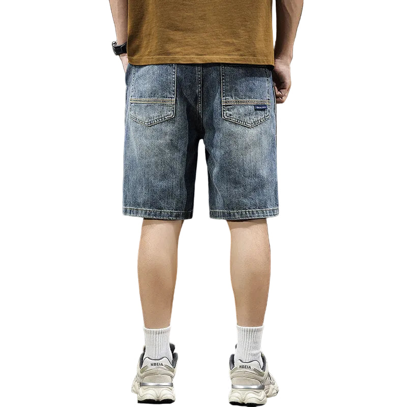 Summer new retro simple casual denim shorts men's American trend loose straight washed five-point mid pants