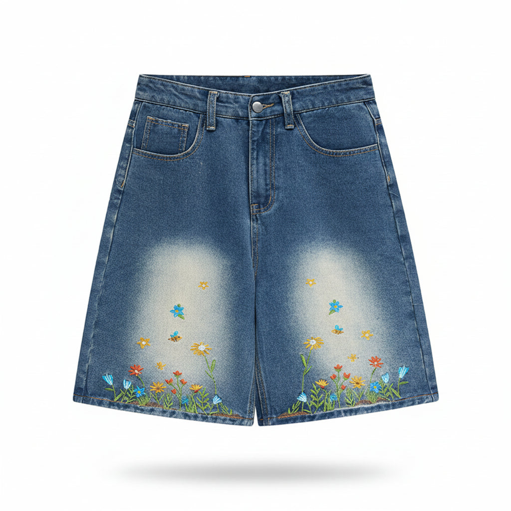 Flower unisex vintage embroidered denim shorts loose casual jeans