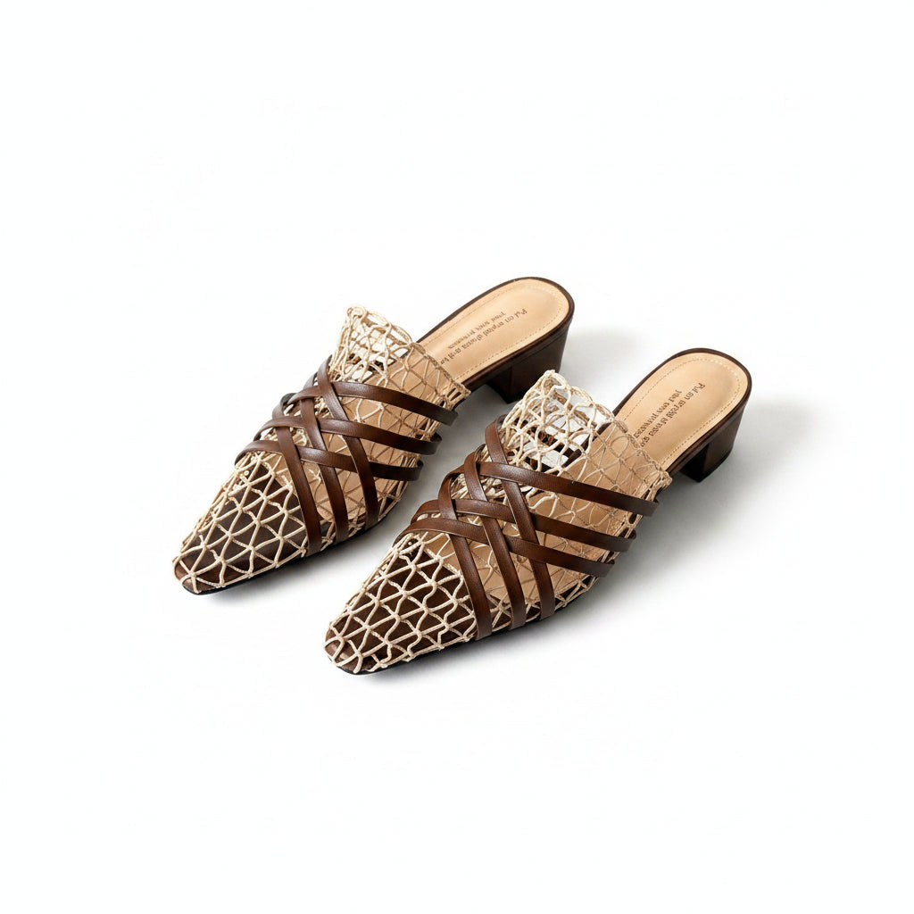 Pointed fishnet sandals thick-heeled shoe