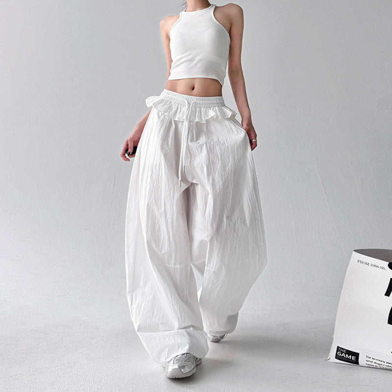 Ruffled drawstring lace-up wide-leg woman trousers