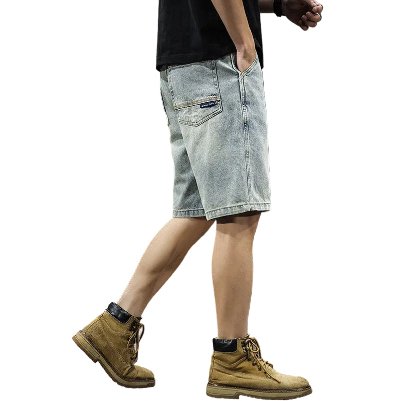 Summer new retro simple casual denim shorts men's American trend loose straight washed five-point mid pants