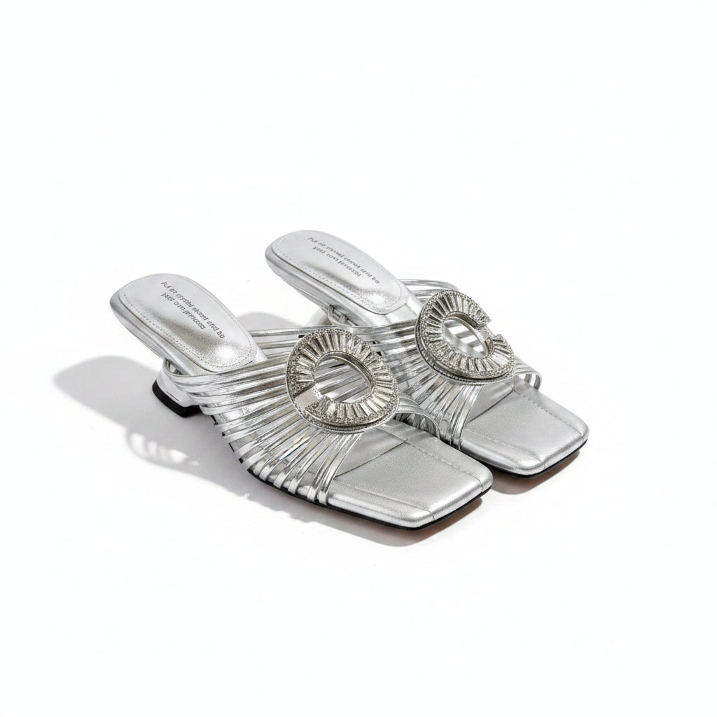 Luxury woven open-toe slipper lady's round buckle sandals heels