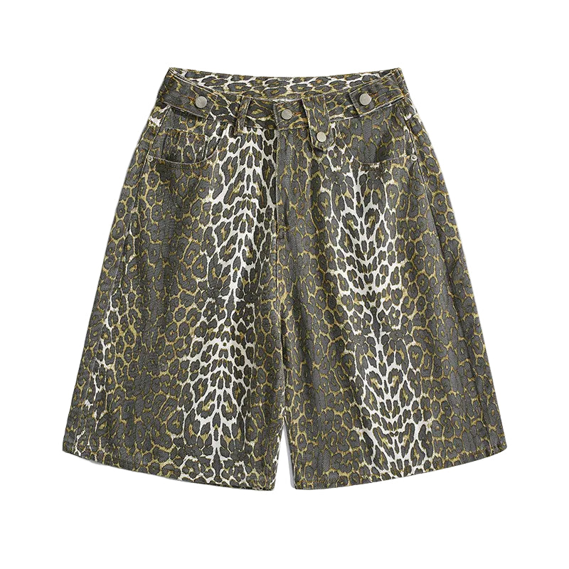 Silk Leap leopard print denim shorts cargo wide-legged