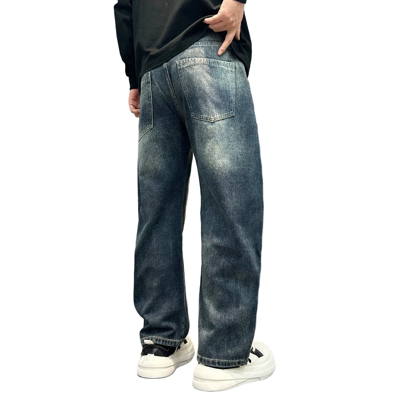 Distressed splashed ink jeans trousers