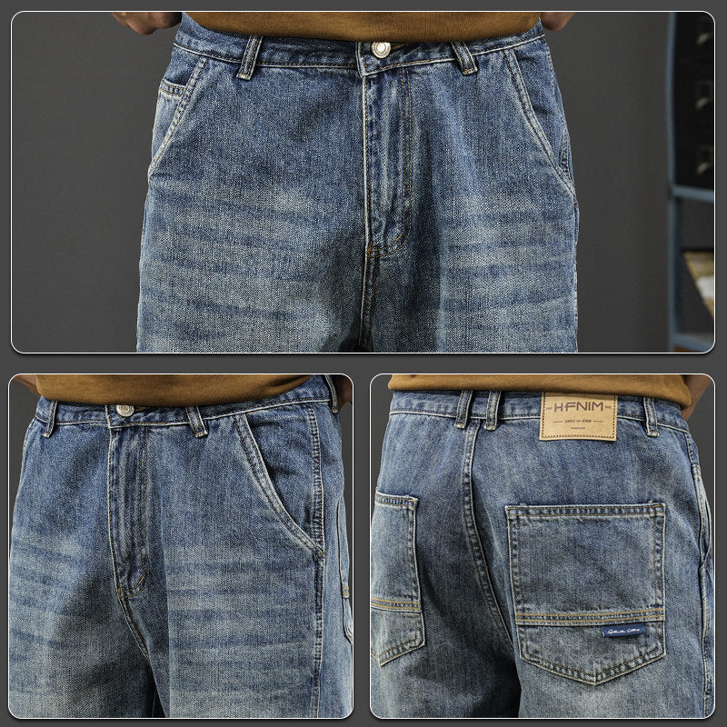 Summer new retro simple casual denim shorts men's American trend loose straight washed five-point mid pants