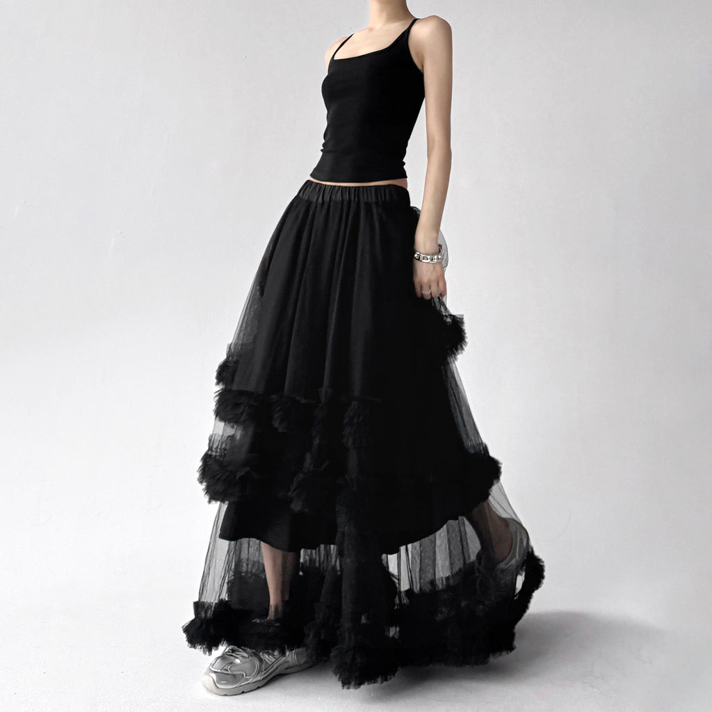 Mesh skirt female high waist multi-layered ruffled long skirt