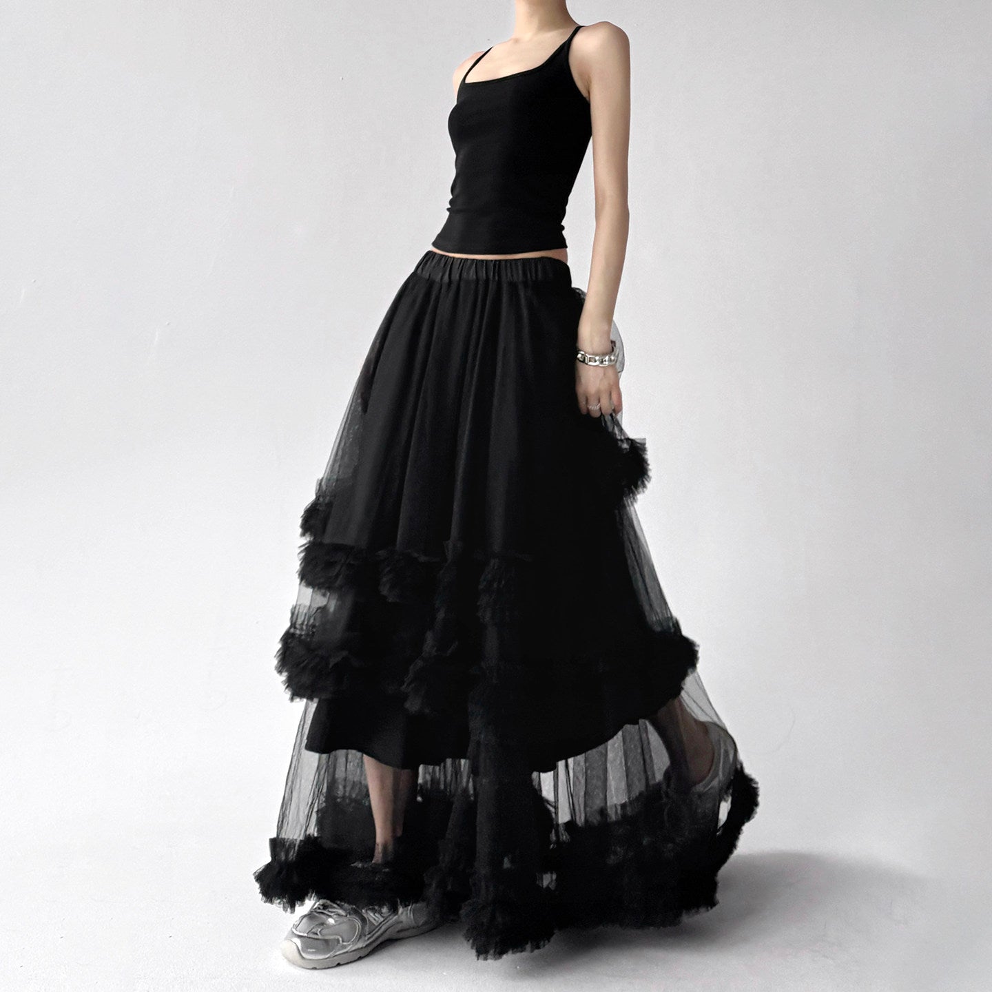 Mesh skirt female high waist multi-layered ruffled long skirt