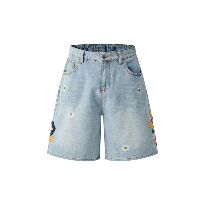 Floral embroidery denim midi pants for men and women summer casual trousers