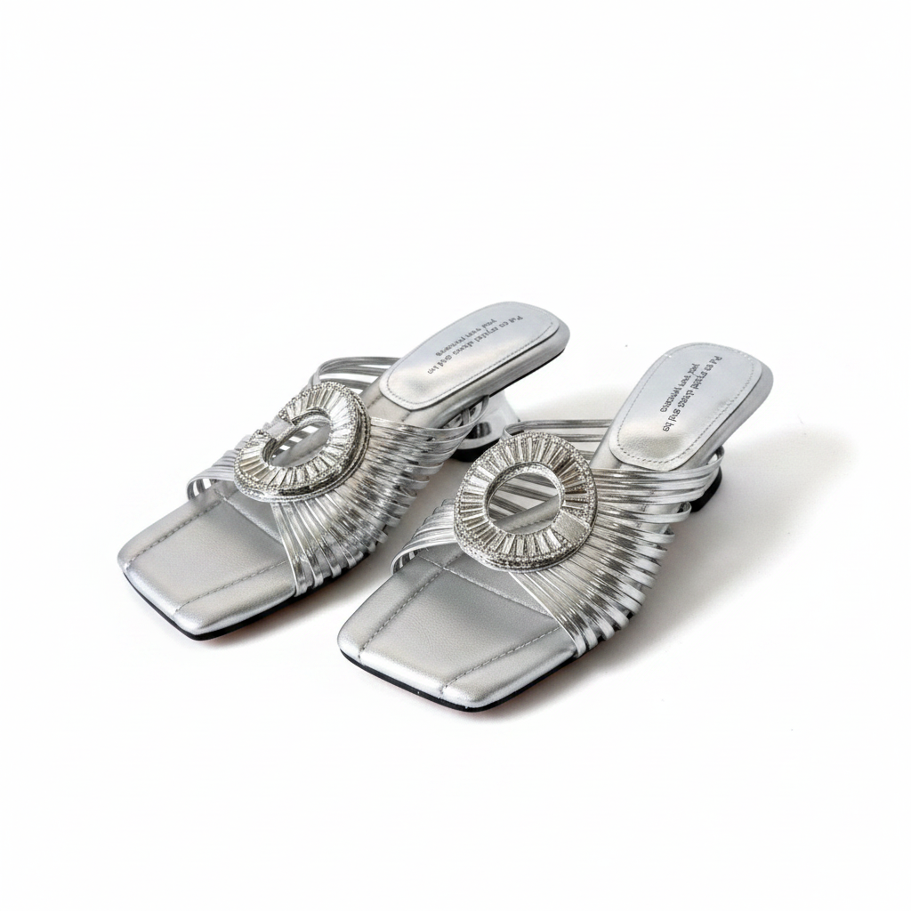 Luxury woven open-toe slipper lady's round buckle sandals heels