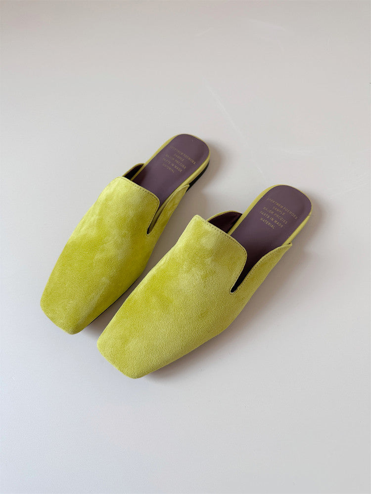 Green leather half-slipped sandals, women wear mules