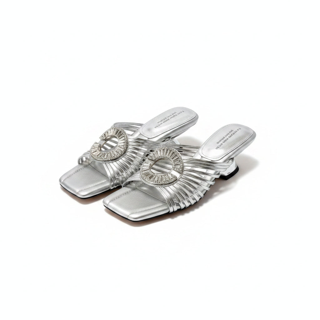 Luxury woven open-toe slipper lady's round buckle sandals heels